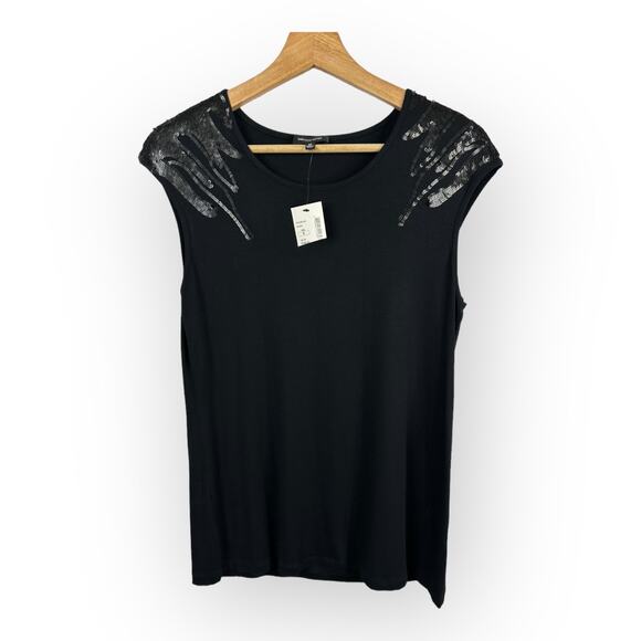 Saks Fifth Avenue Women size Medium Black Embellished Cap Sleeve Stretch Top New - Picture 1 of 10